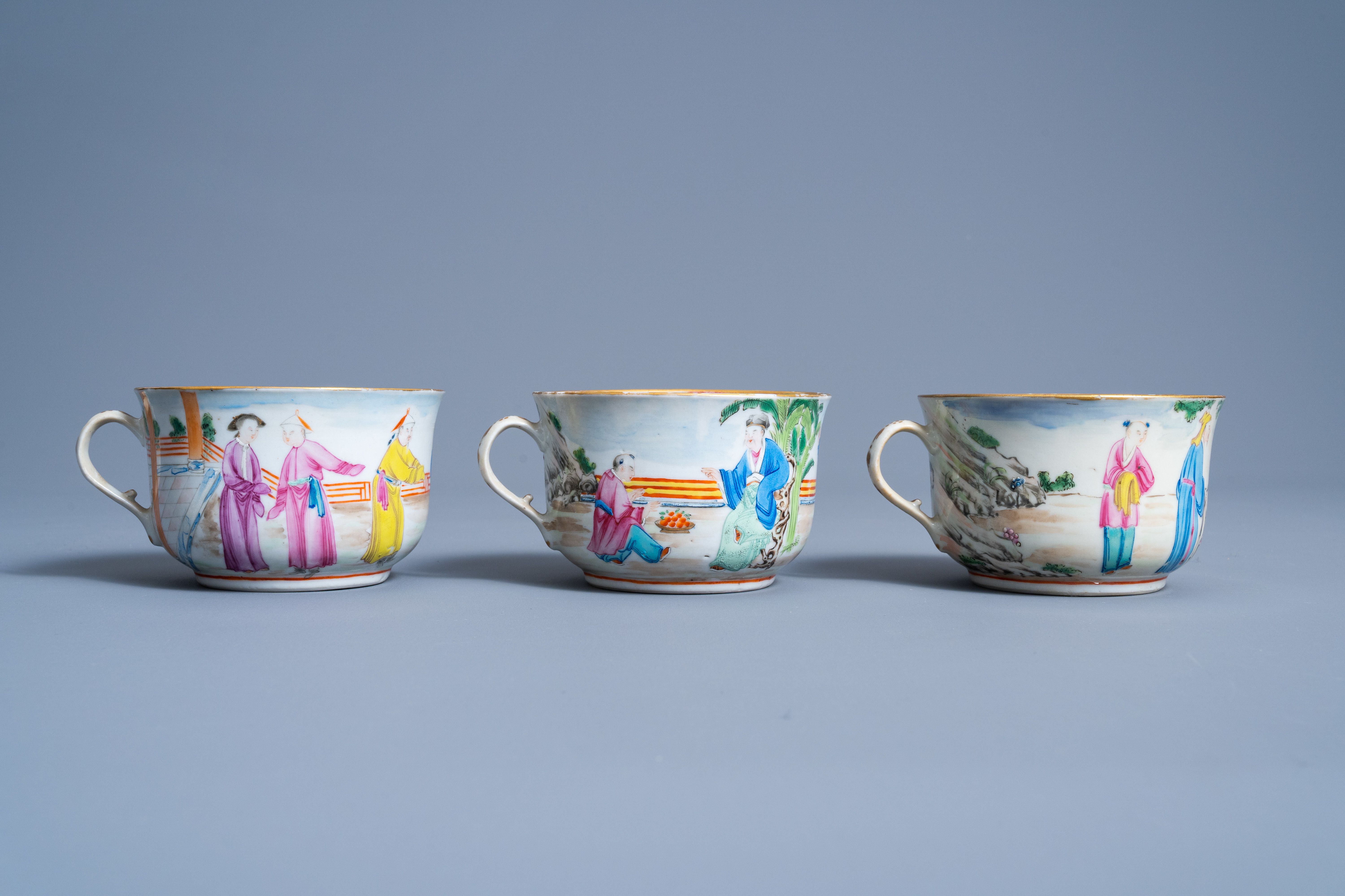 Three Chinese Canton famille rose cups and saucers with figures in a landscape, 19th C. - Image 7 of 10