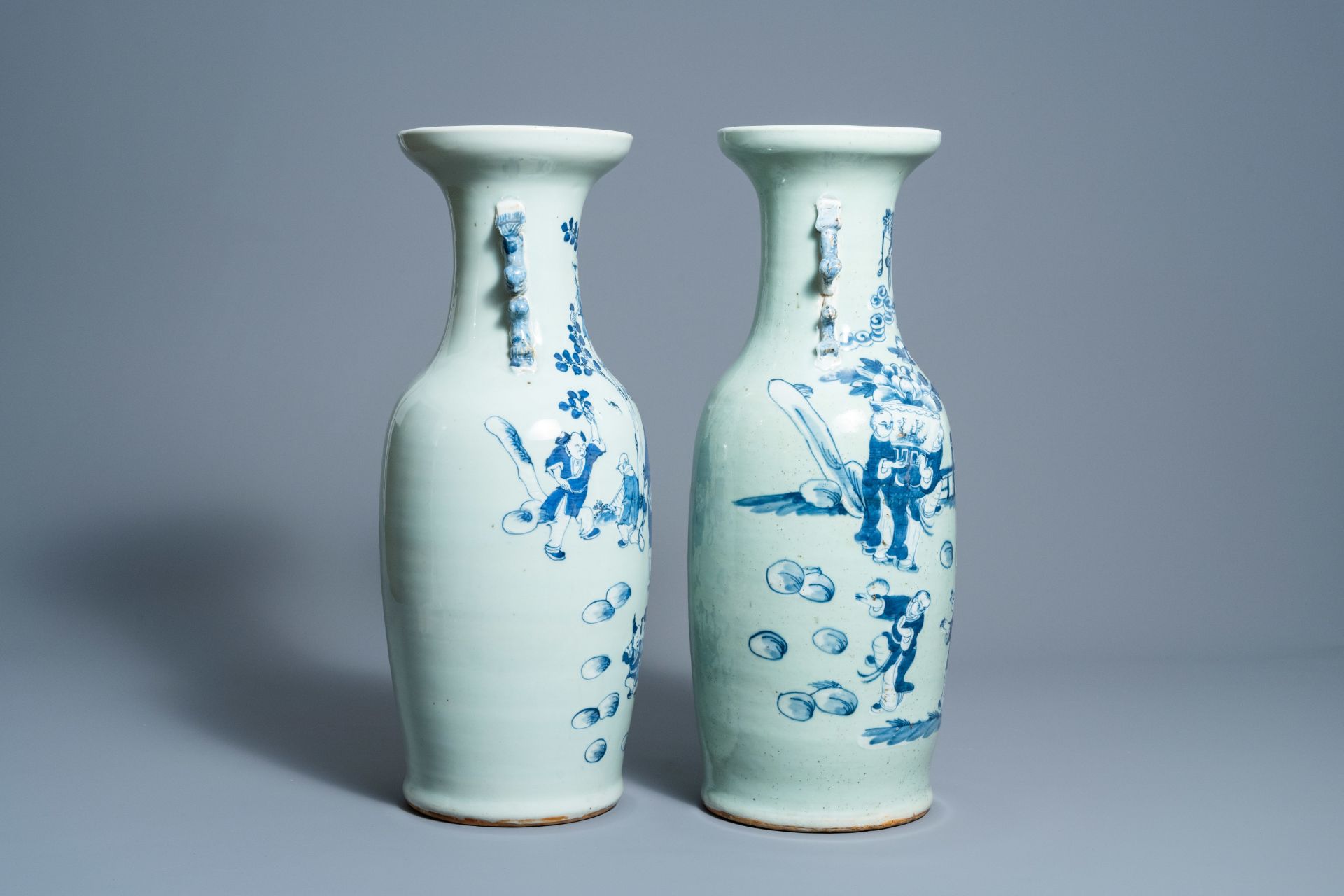 Two Chinese blue and white celadon ground vases with figures in a landscape, 19th C. - Image 4 of 6