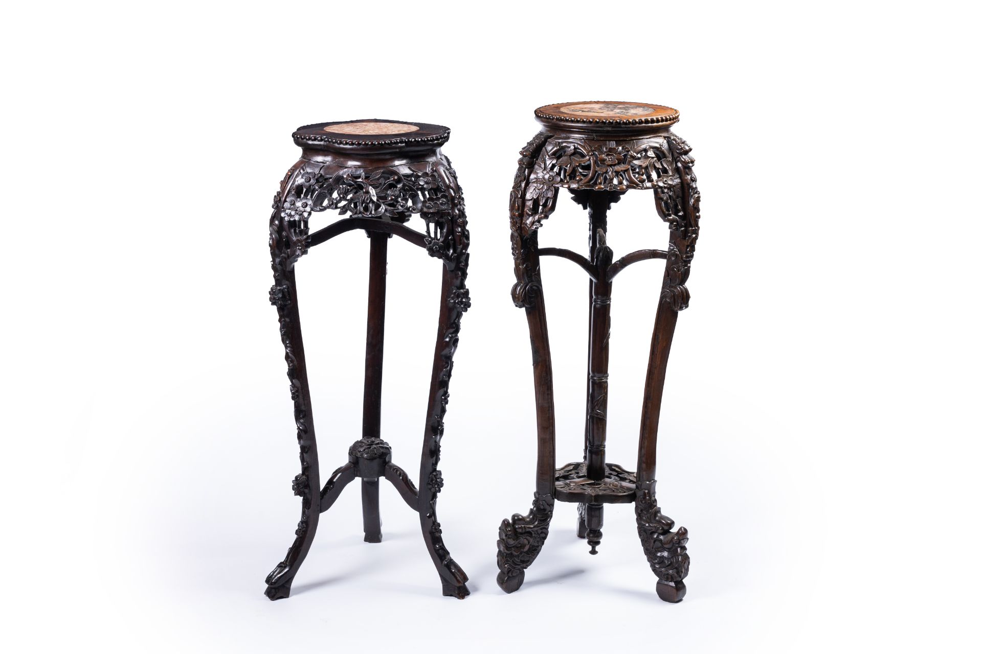 Two Chinese carved wood stands with marble top, 19th/20th C. - Image 2 of 8