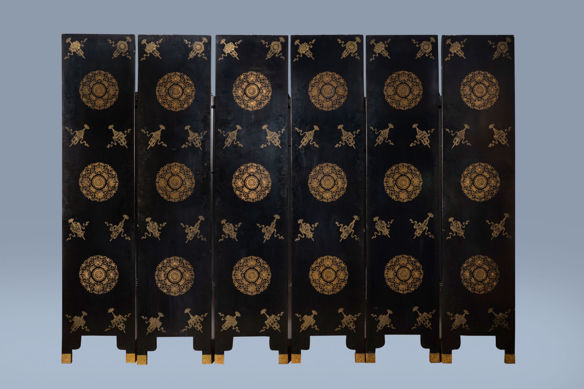 A Chinese six-part folding screen inlaid with bone, mother-of-pearl and various semi-precious stones - Image 2 of 14