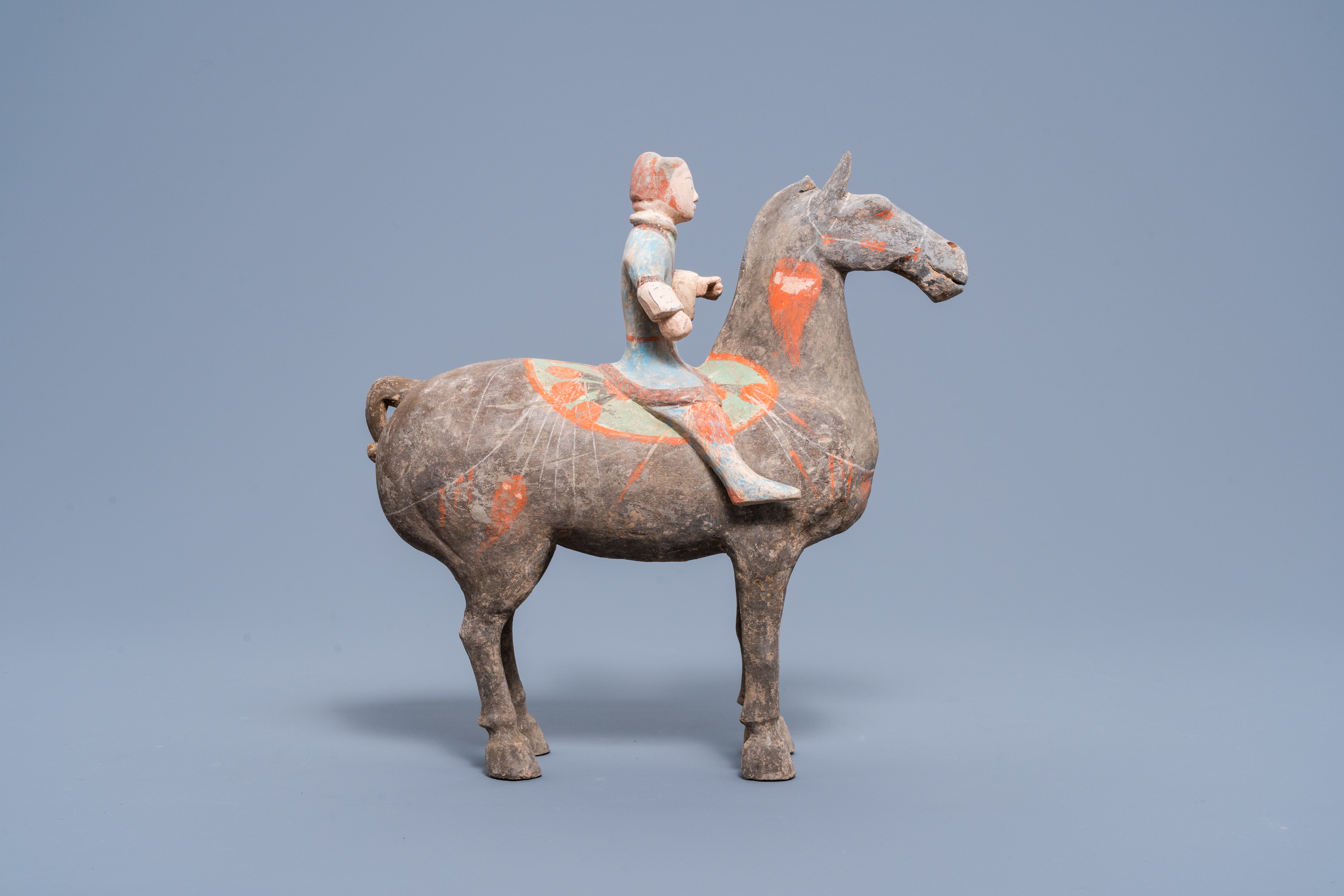 A Chinese polychrome painted pottery equestrian figure, Han - Image 7 of 10