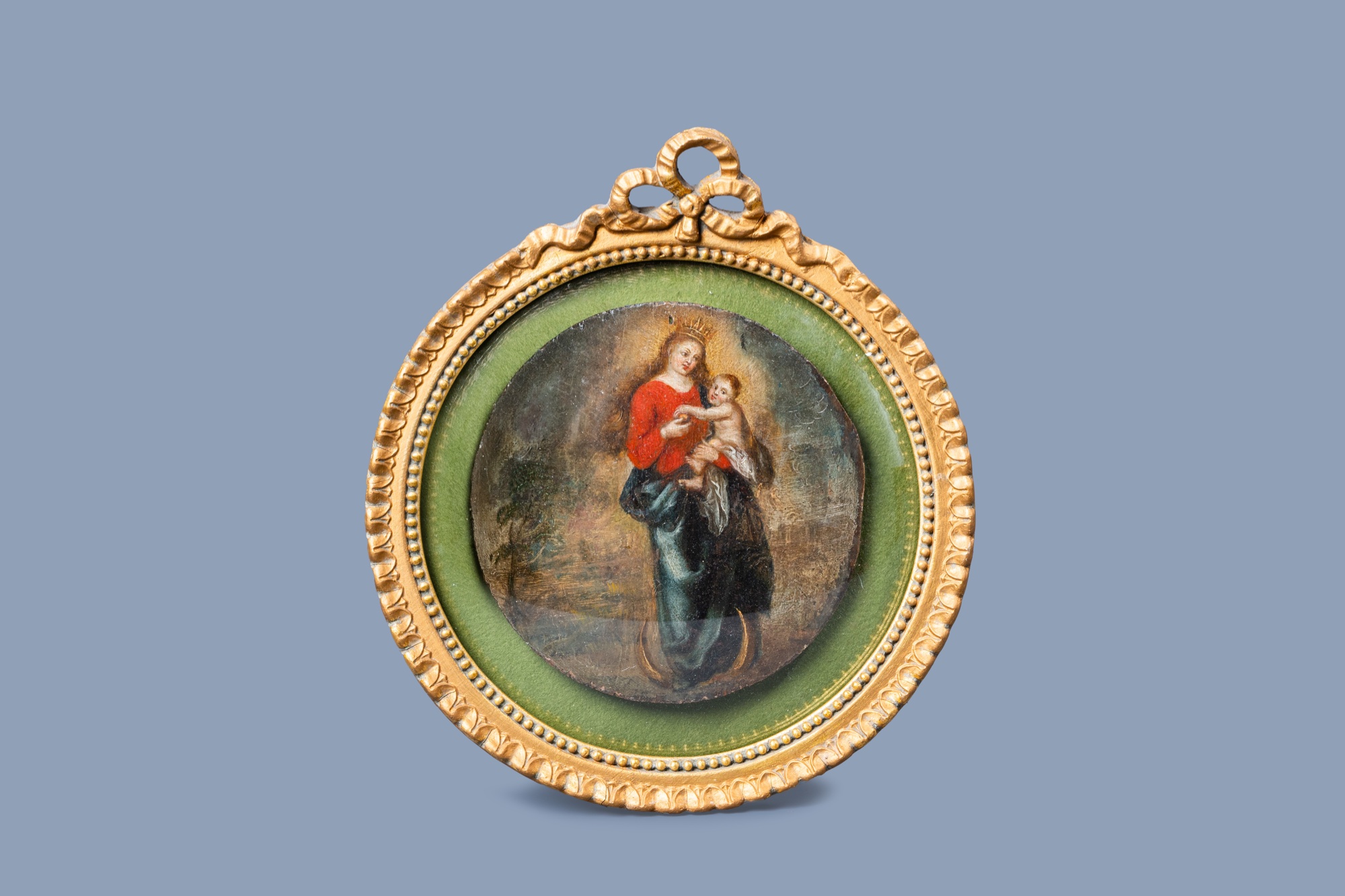 Flemish school: Madonna and Child on a crescent moon, oil on panel, 18th C.