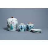 Two Chinese blue and white jars with landscapes, a famille rose ginger jar and a lobed bowl with flo