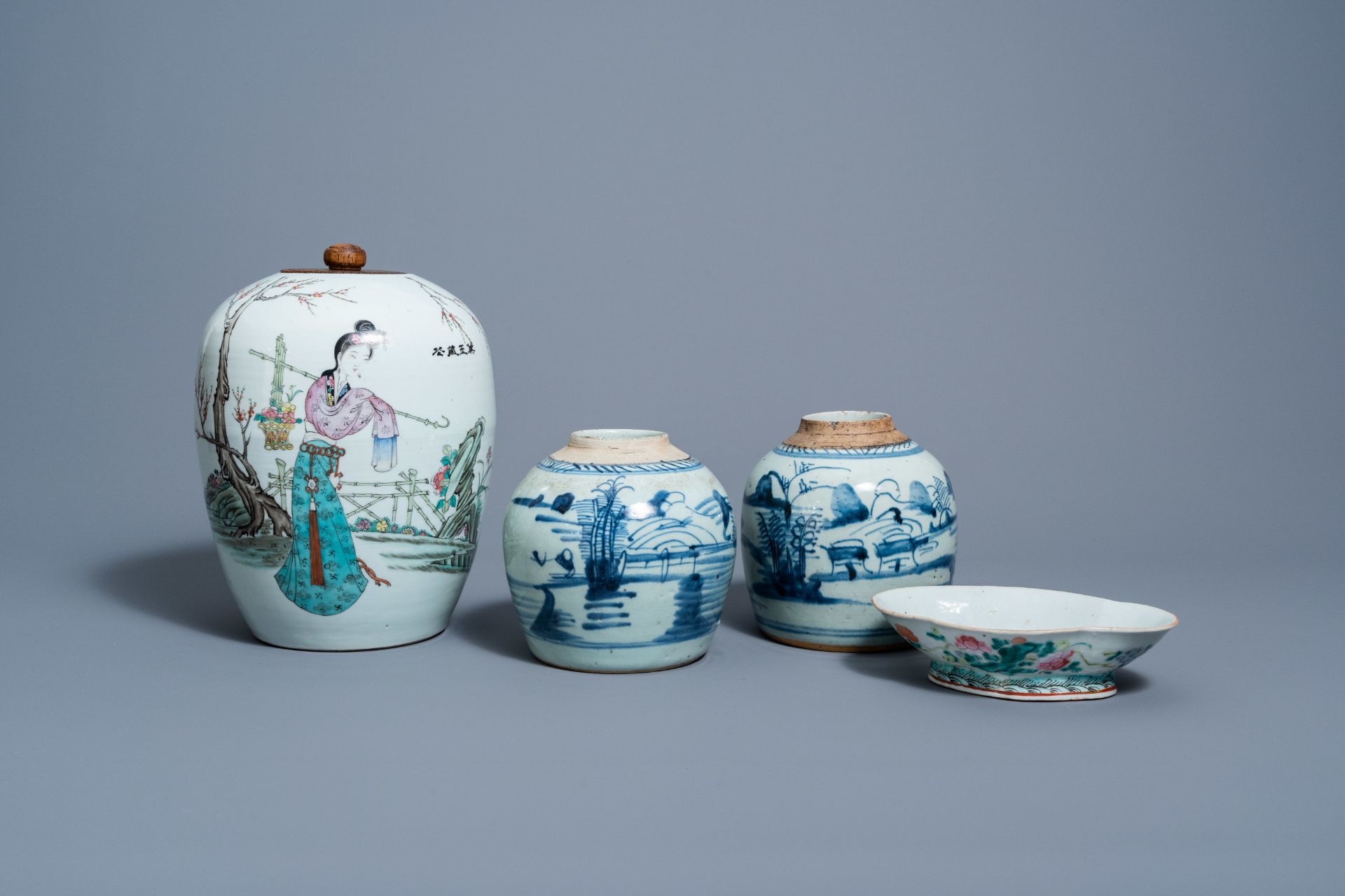 Two Chinese blue and white jars with landscapes, a famille rose ginger jar and a lobed bowl with flo