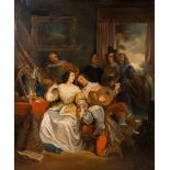 European school: Interior with gallant scene, oil on canvas, 19th C.