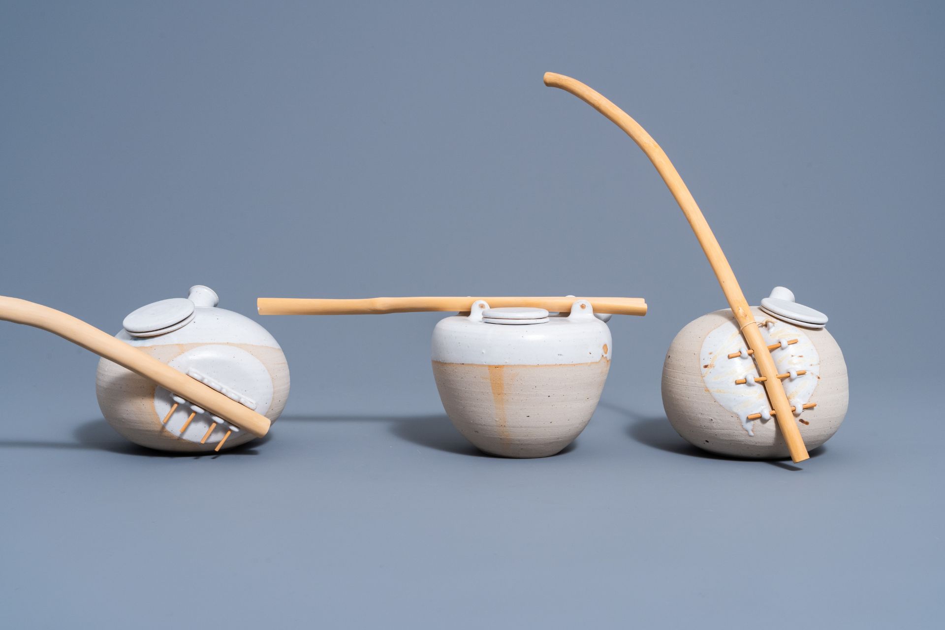 Frits Vandenbussche (1942): Three partly glazed stoneware teapots and covers with wood handles, 20th - Image 2 of 7