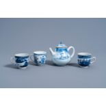 A Chinese blue and white teapot and cover with an animated river landscape and three cups, Yongzheng