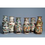 A varied collection of eight Chinese Nanking crackle glazed famille rose and verte vases with warrio