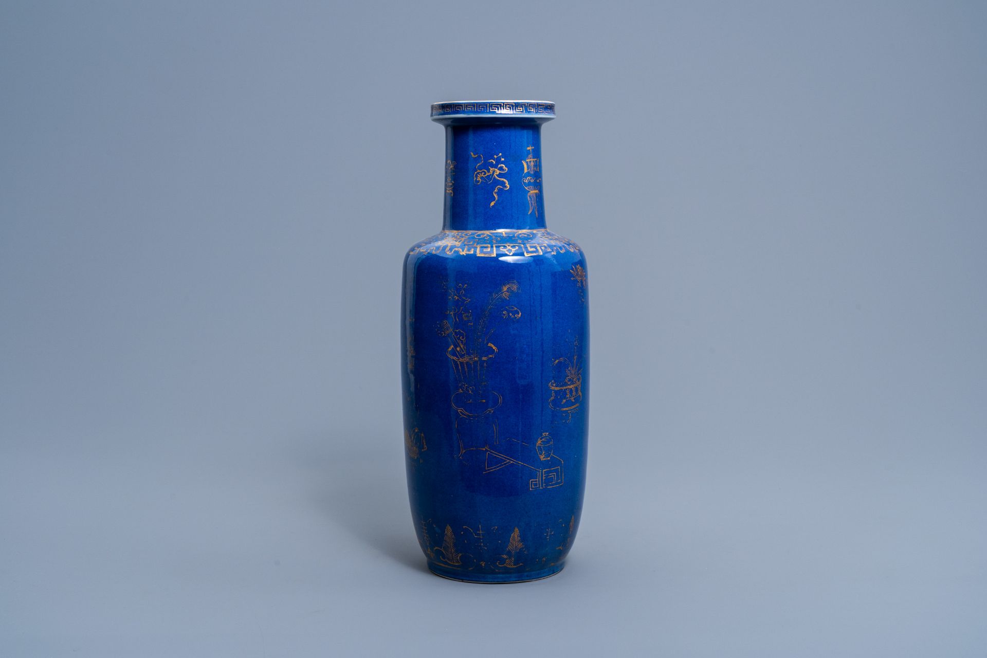 A Chinese powder blue and gilt 'antiquities' vase, 19th C. - Image 4 of 6