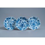 Three Chinese blue and white plates with floral design, Kangxi