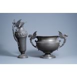 A large French pewter pitcher and a vase with winged dragon handles, Louis Houzeaux, 19th/20th C.