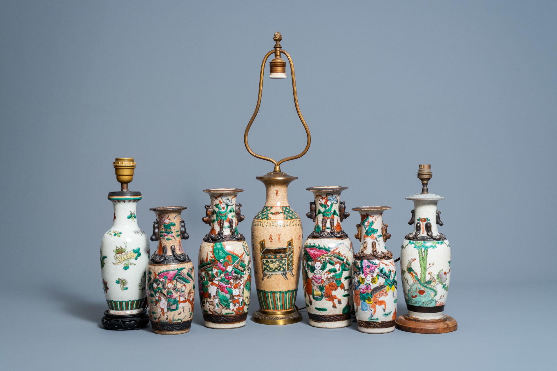 A varied collection of Chinese Nanking crackle glazed famille rose and verte porcelain, 19th/20th C.