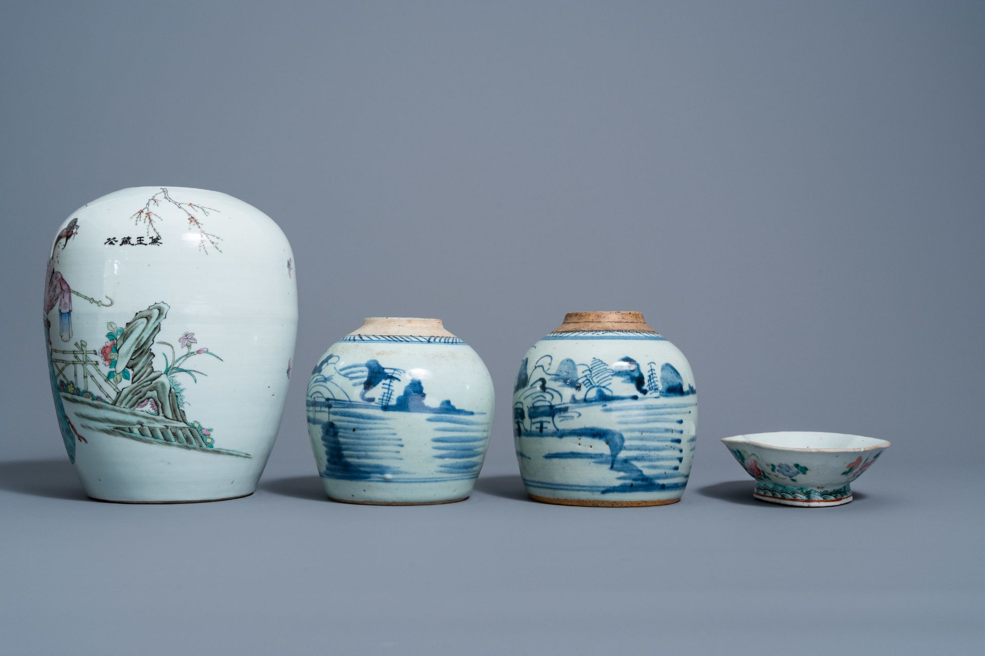 Two Chinese blue and white jars with landscapes, a famille rose ginger jar and a lobed bowl with flo - Image 3 of 7