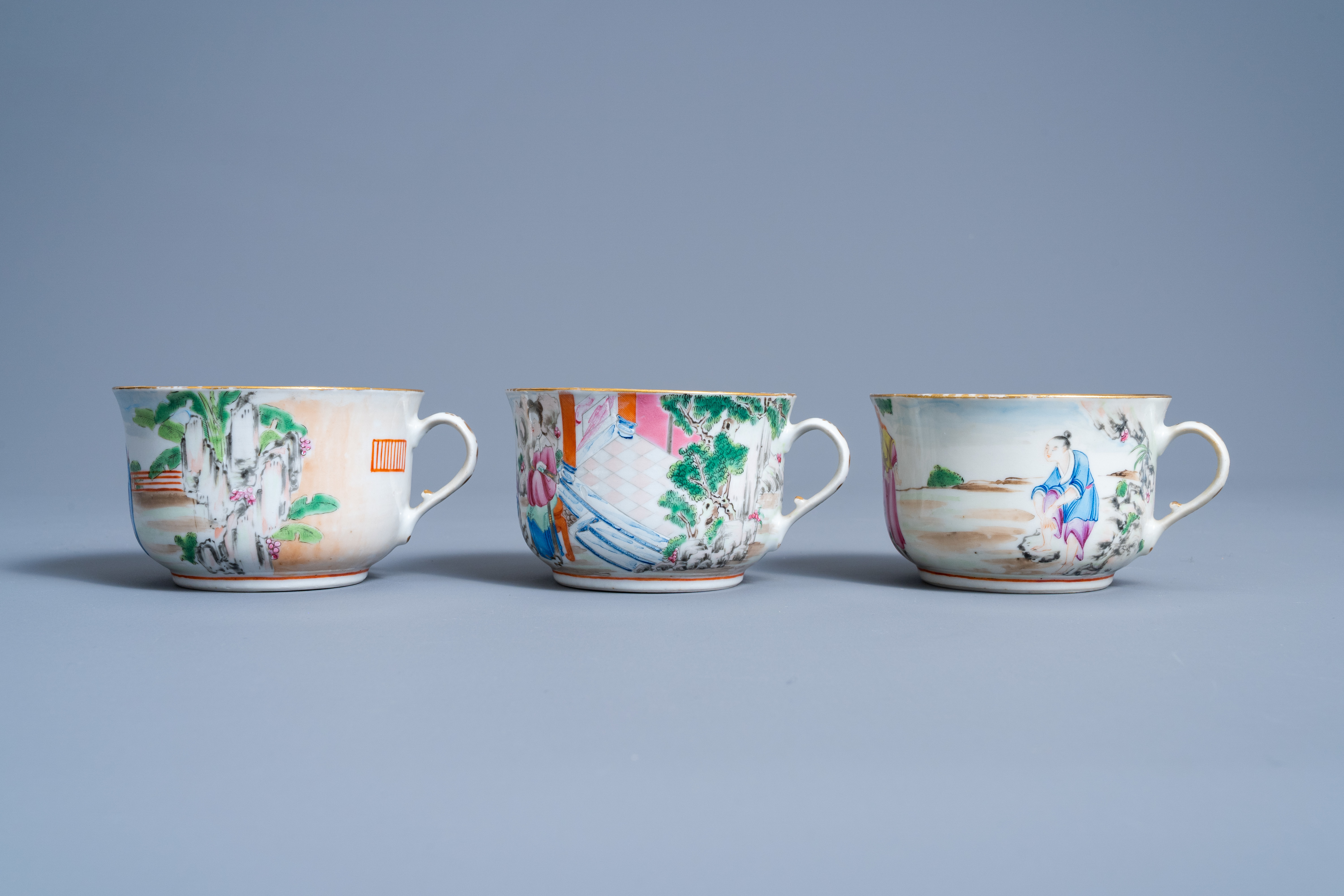 Three Chinese Canton famille rose cups and saucers with figures in a landscape, 19th C. - Image 5 of 10