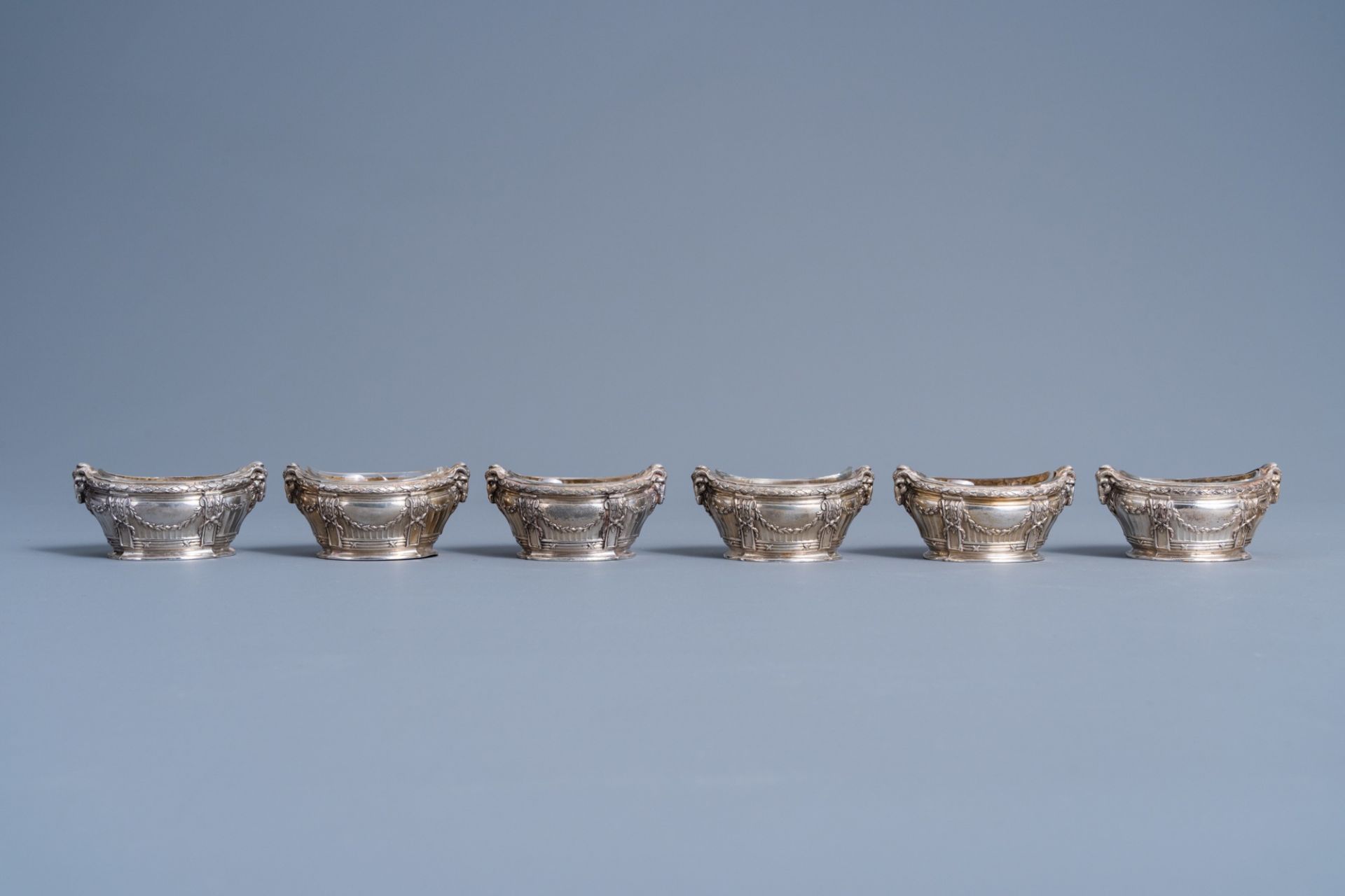 Six silver Louis XVI style salts with spoon with matching 'Wolfers Frres' case, 950/000, maker's ma - Image 13 of 20