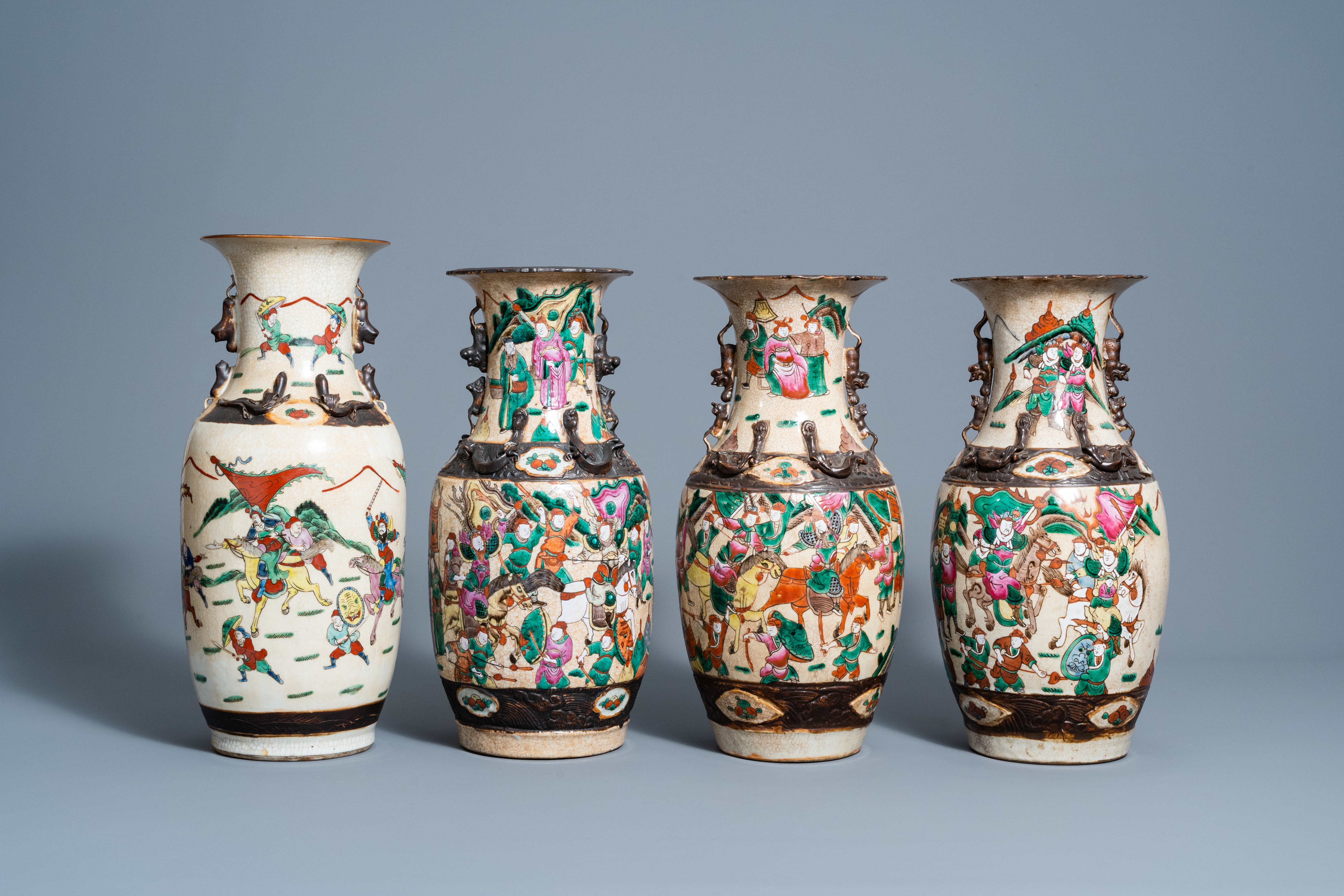 A varied collection of eight Chinese Nanking crackle glazed famille rose and verte vases with warrio - Image 2 of 13