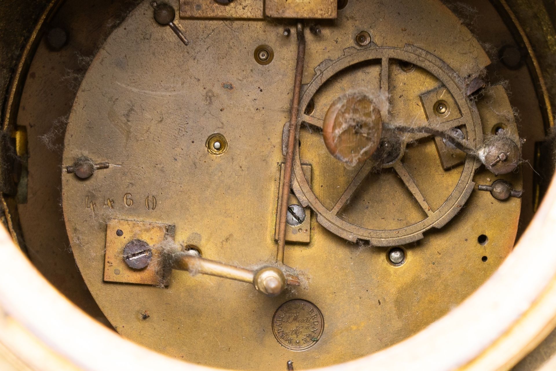 A large French gilt brass mantel clock depicting science, 19th/20th C. - Image 9 of 9