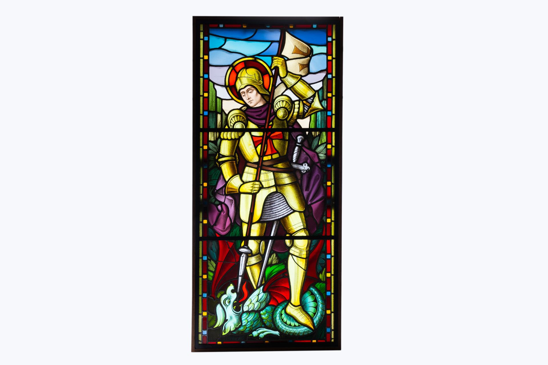 A large painted and stained glass window with Saint Georges and the dragon, 19th/20th C. - Image 2 of 6