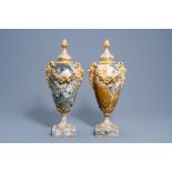 A pair of gilt bronze mounted marble cassolettes with satyr heads, 19th/20th C.