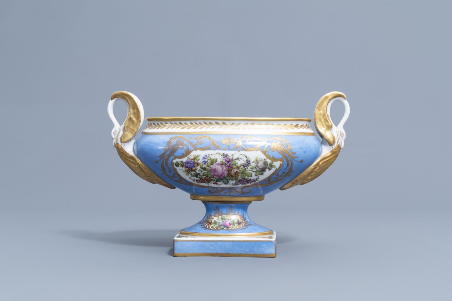 A pair of French gold layered 'bleu celeste' ground vases and covers in the Svres manner and an Emp - Image 11 of 14