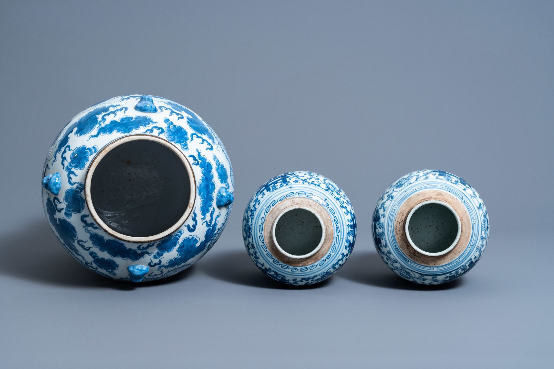 Two Chinese blue and white 'Xi' jars and covers and a 'dragons chasing the pearl' vase and cover, 19 - Image 6 of 9