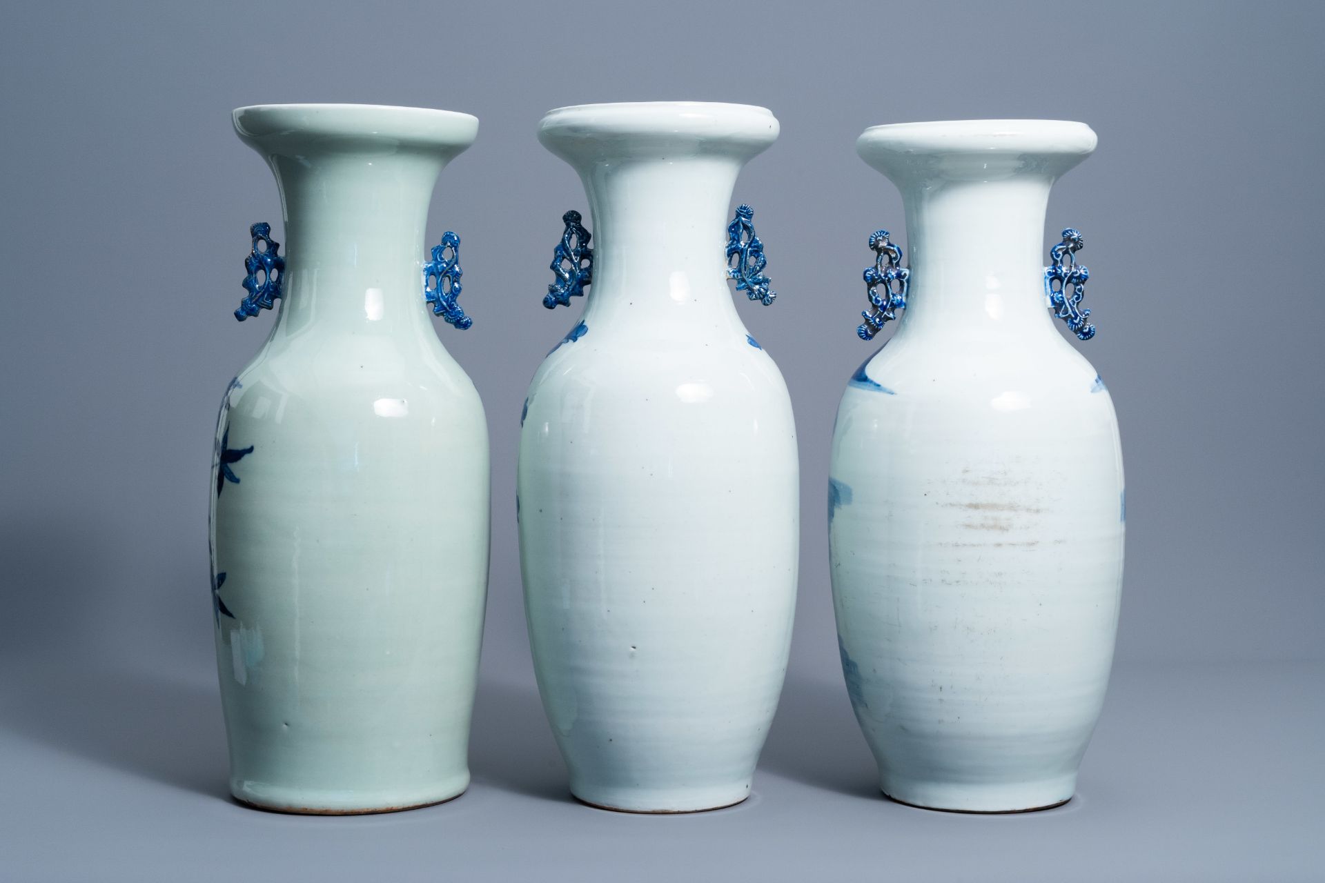 Three Chinese blue and white celadon ground vases with birds among blossoming branches and an animat - Image 3 of 7