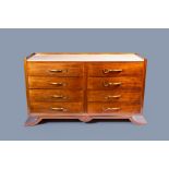 A Belgian wood Art Deco style chest with eight drawers with marble top, 20th C.