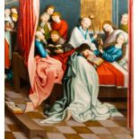 German school: The deathbed of Mary (and saints on the other side), oil on panel, last quarter of th