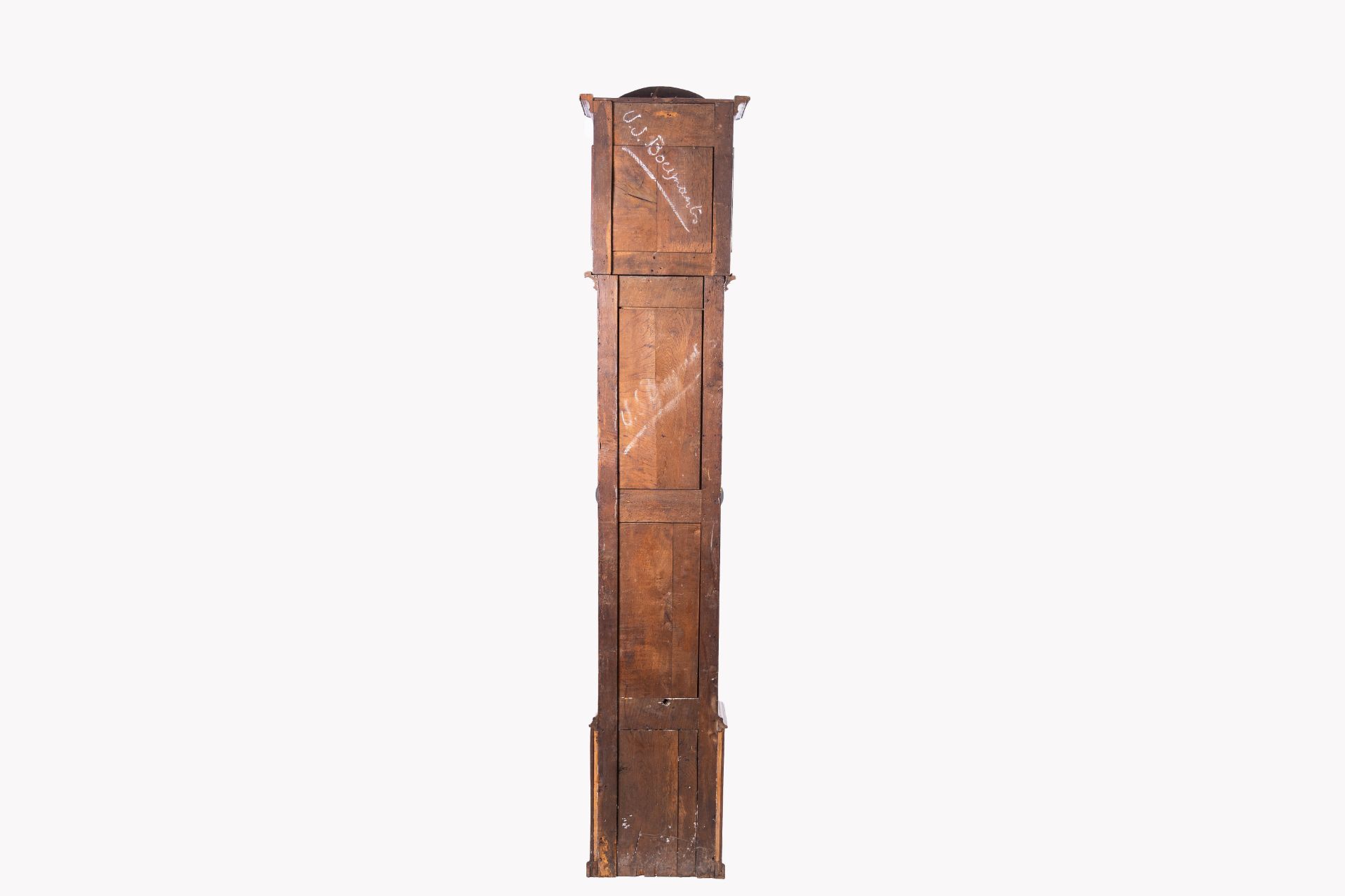 A large French wood longcase clock with various wood inlays, 19th C. - Image 6 of 11