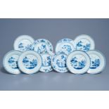 Ten Chinese blue and white plates with floral design and animated landscapes, Yongzheng/Qianlong