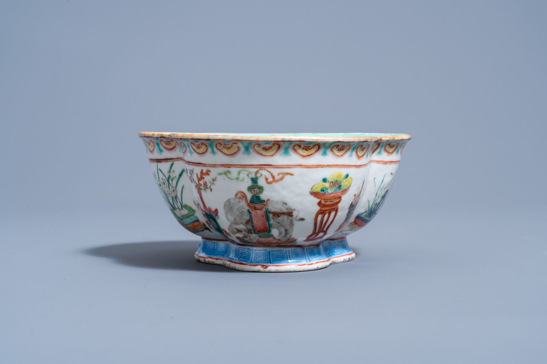A three-lobed Chinese famille rose 'antiquities' bowl, Daoguang mark and of the period - Image 3 of 8