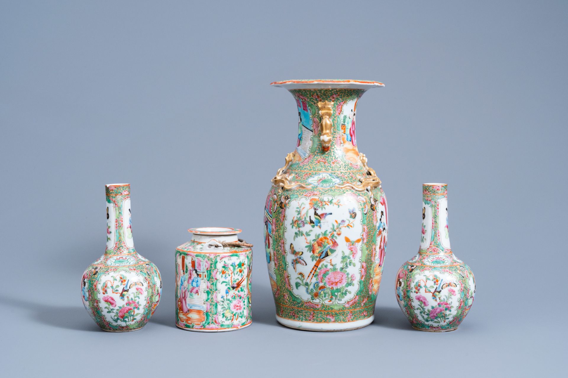Eight Chinese Canton famille rose vases and a teapot and cover, 19th C. - Image 3 of 16
