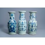 Three Chinese blue and white celadon ground vases with antiquities design and phoenixes among blosso