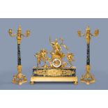 A French gilt bronze vert de mer marble three-piece clock garniture with the chariot of Venus, 19th