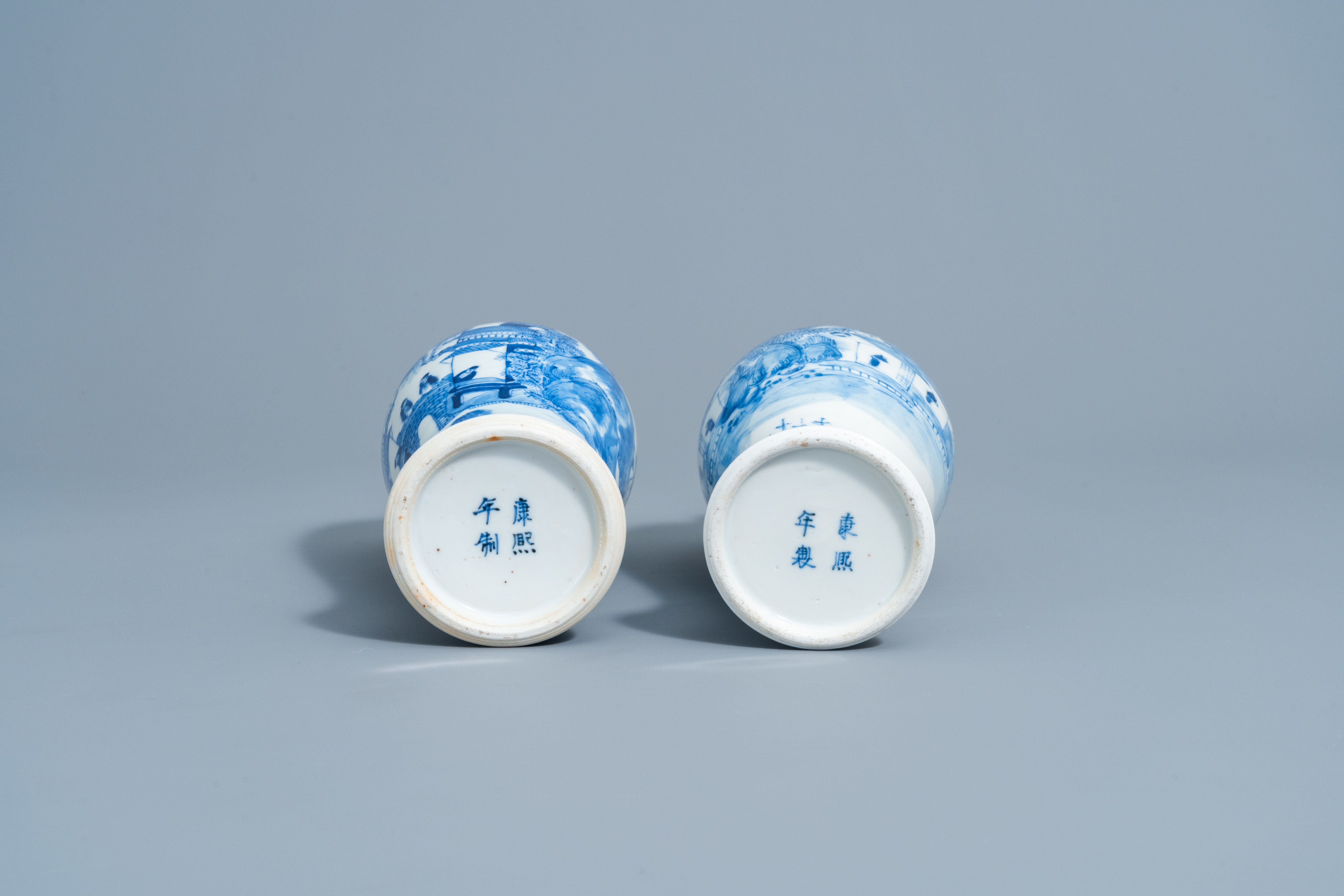 Two Chinese blue and white baluster shaped vases with an animated mountain landscape all around, Kan - Image 6 of 6