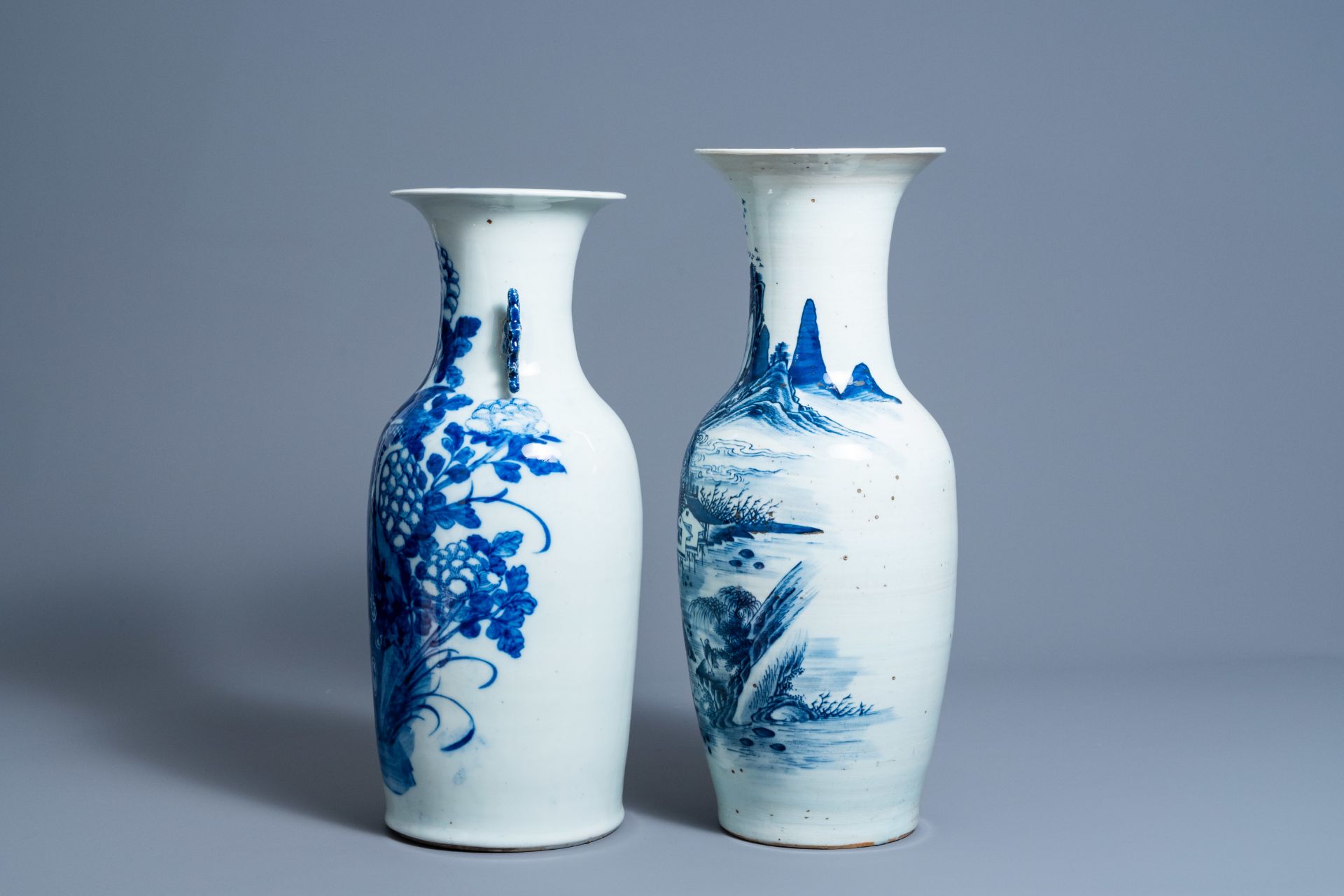 Two Chinese blue and white vases with a phoenix among blossoming branches and an animated landscape, - Image 3 of 7