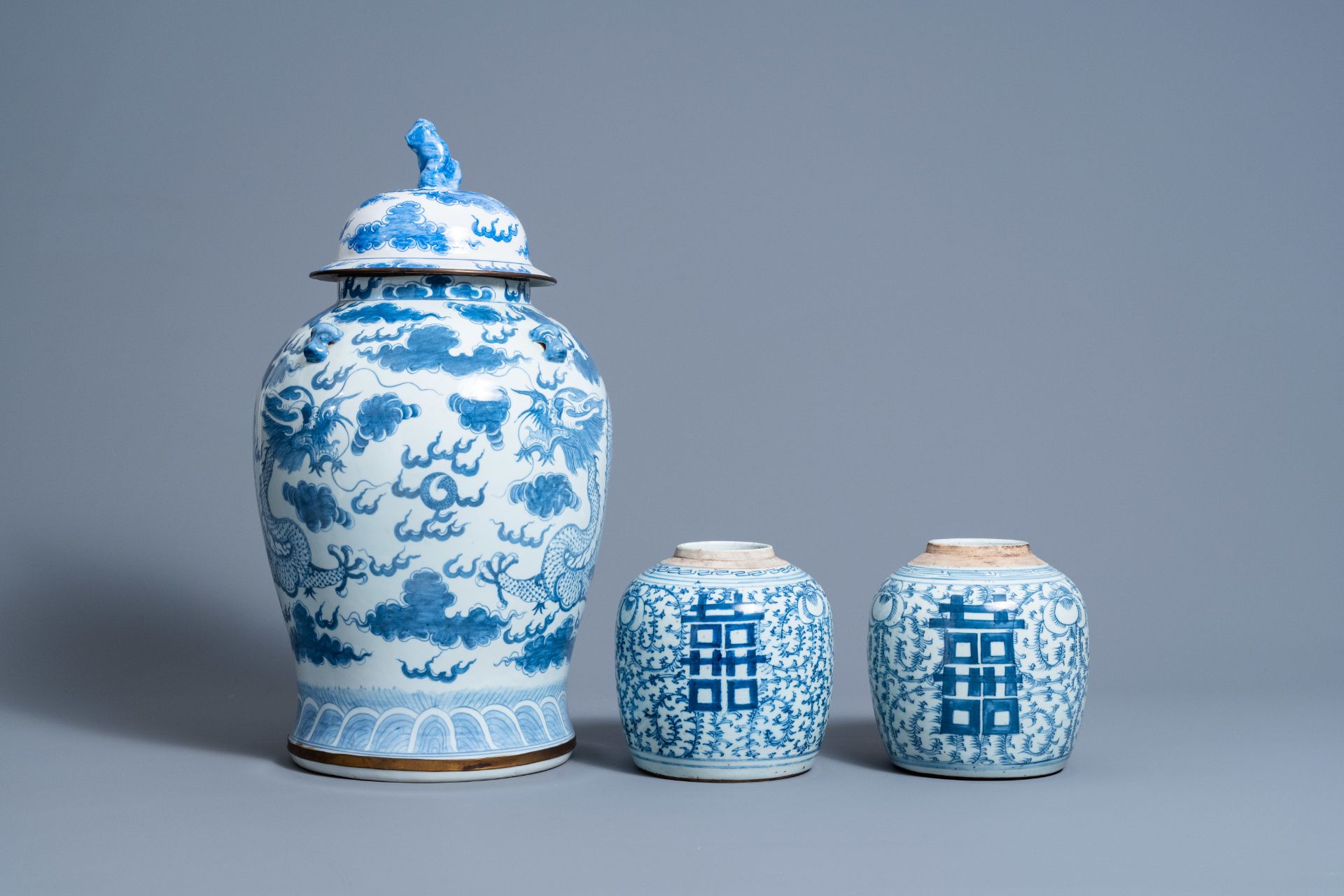 Two Chinese blue and white 'Xi' jars and covers and a 'dragons chasing the pearl' vase and cover, 19 - Image 3 of 9