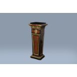 A French Historicism gilt mounted tortoiseshell and brass marquetry Boulle pedestal with marble top,