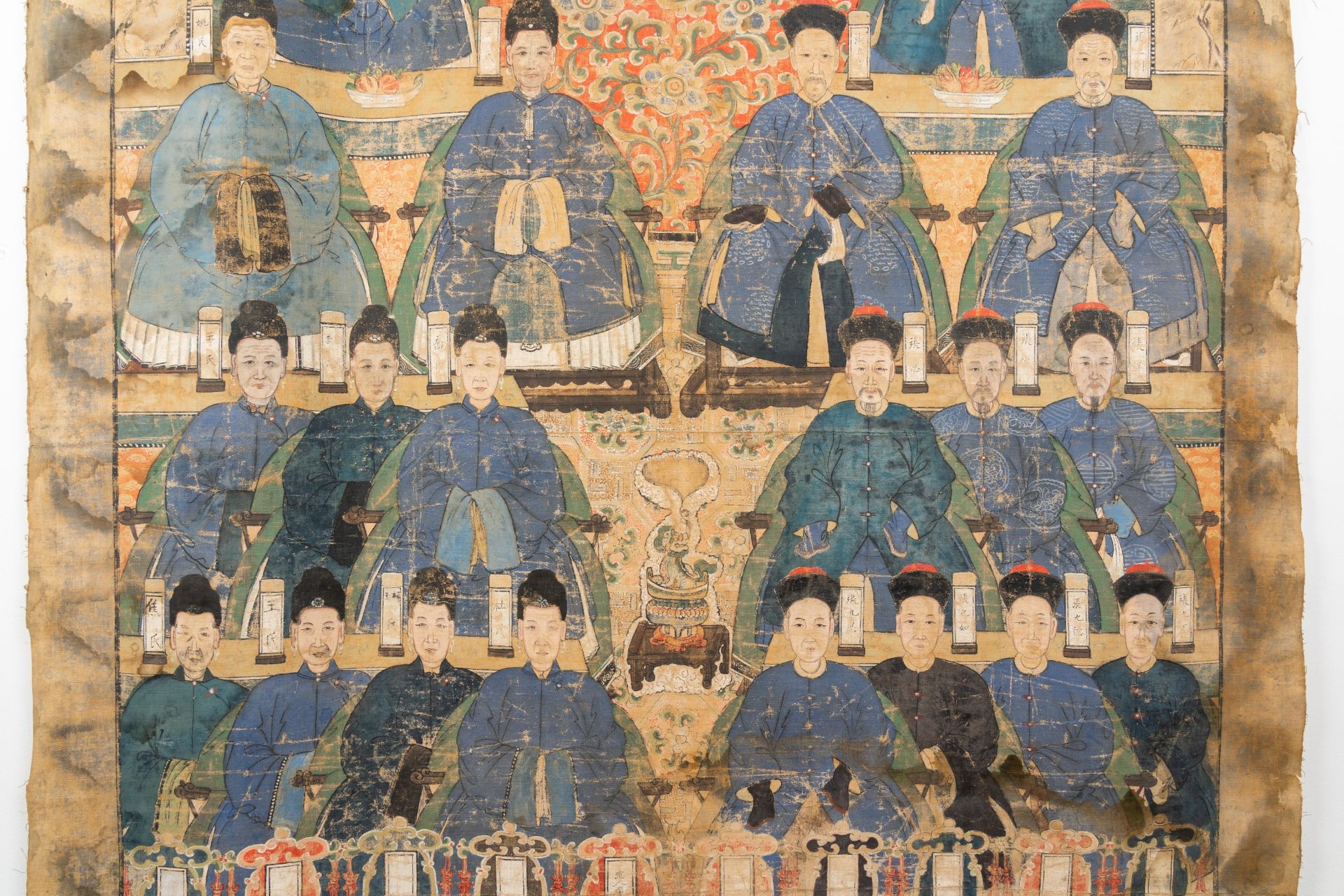 Chinese school: A large ancestor portrait, ink and colours on canvas, 19th C. - Image 6 of 15