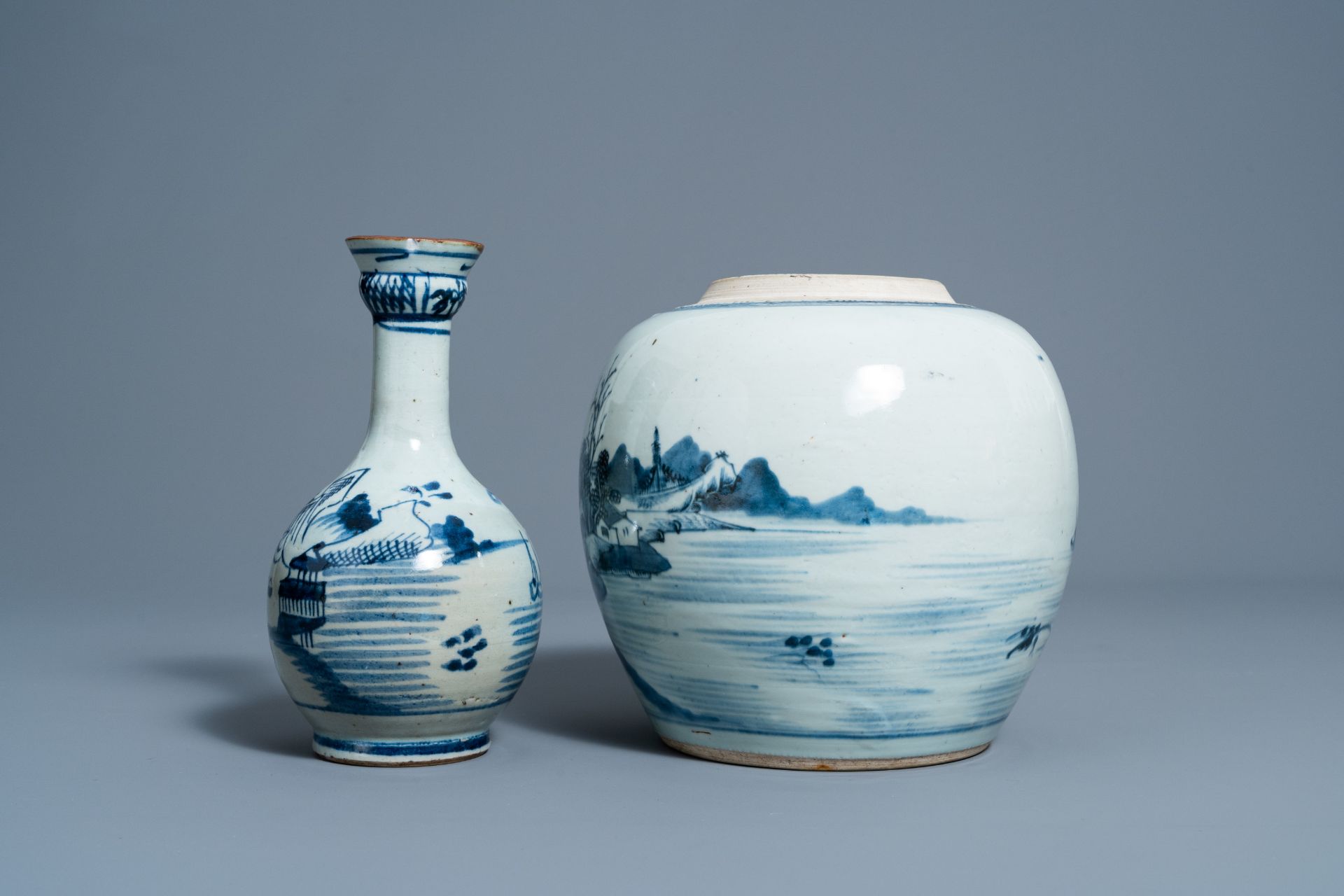 A Chinese blue and white ginger jar and a vase with a river landscape, 19th C. - Image 3 of 7