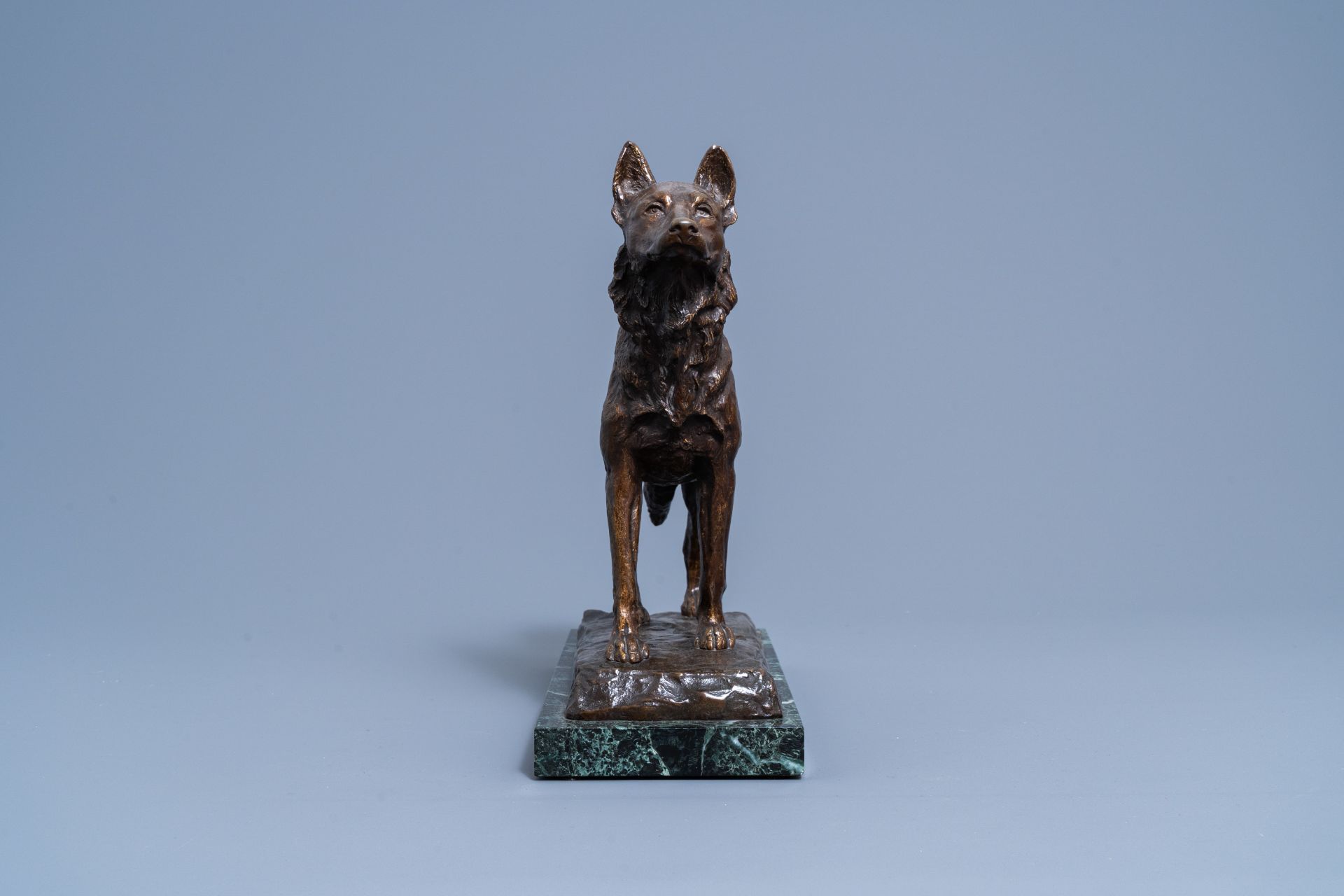 Paul ƒdouard Dreux (1855-1947): A sheepdog, brown patinated bronze on a vert de mer marble base - Image 6 of 9