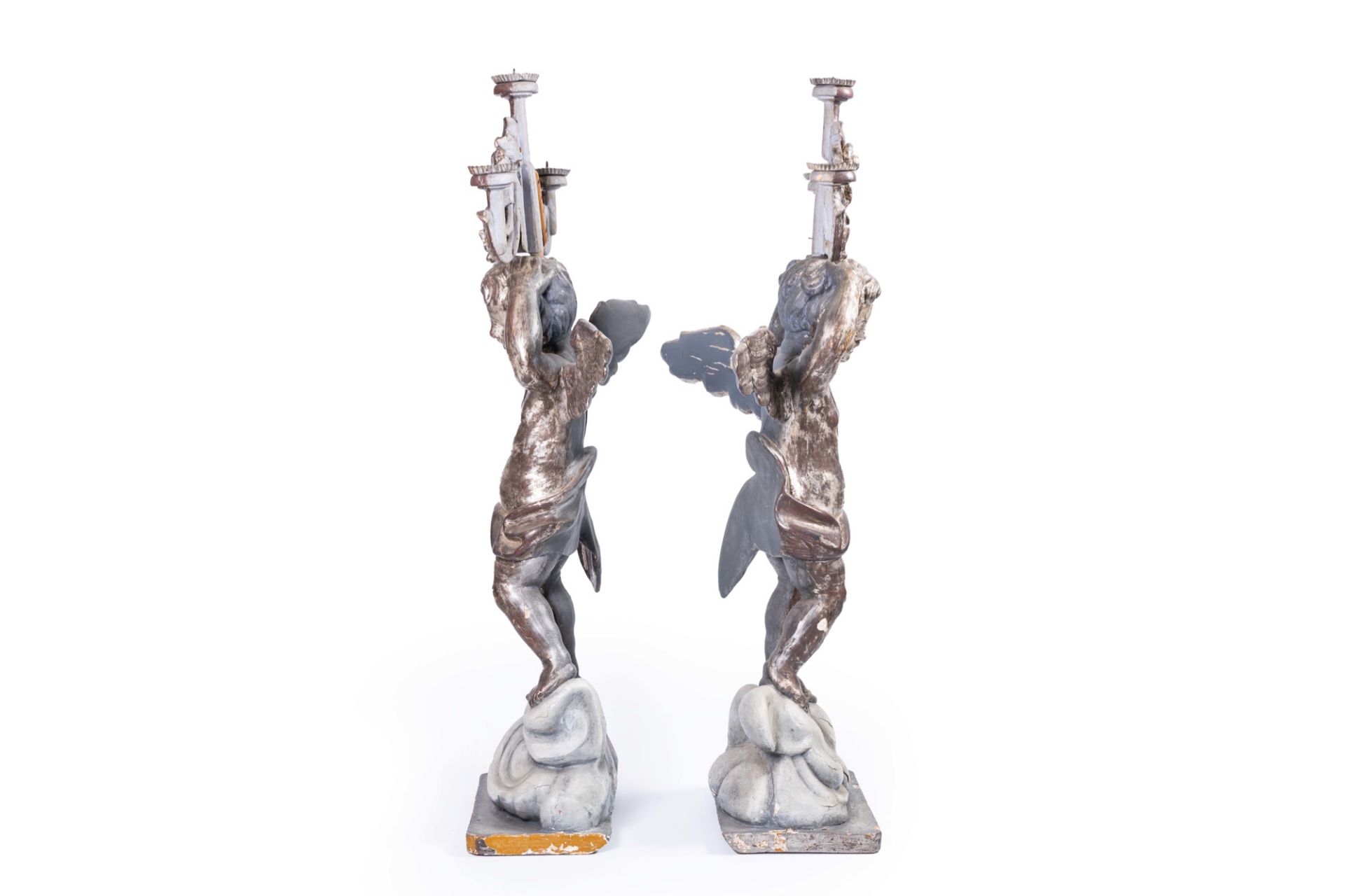 A pair of imposing Italian carved, polychrome painted and silver-plated wood angel shaped candlestic - Image 4 of 17