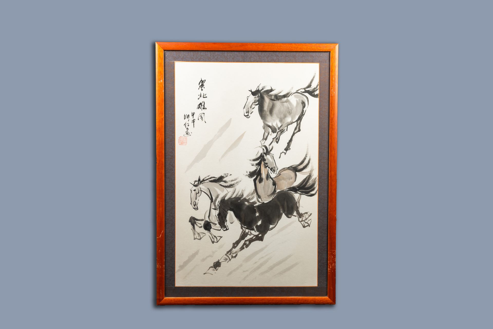 Chinese school, after Xue Linxing and Xu Beihong: Two ladies and a group of horses, ink, colours and - Bild 7 aus 13