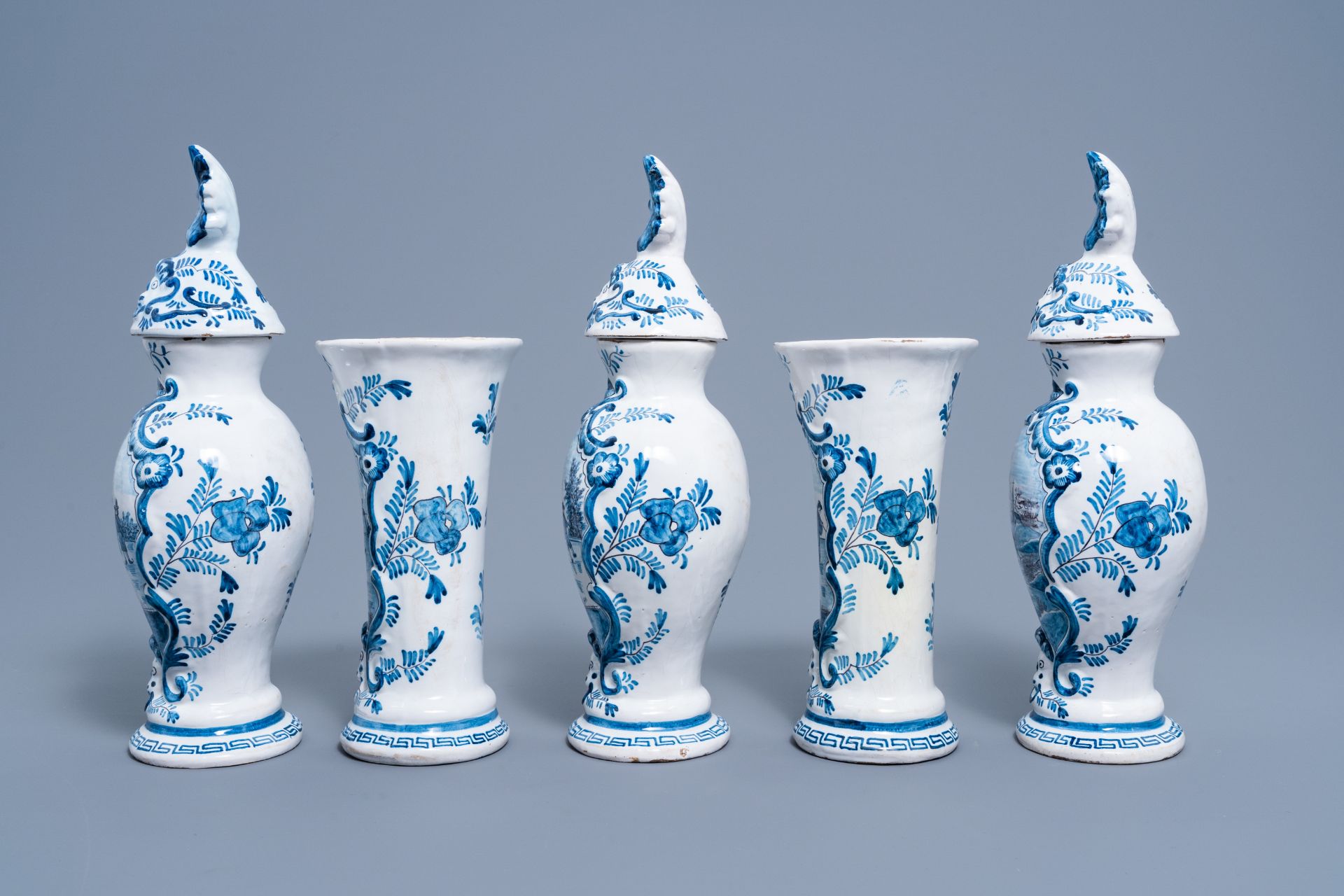 A five-piece Dutch Delft blue and white vase garniture with ice skaters, 19th C. - Image 2 of 6