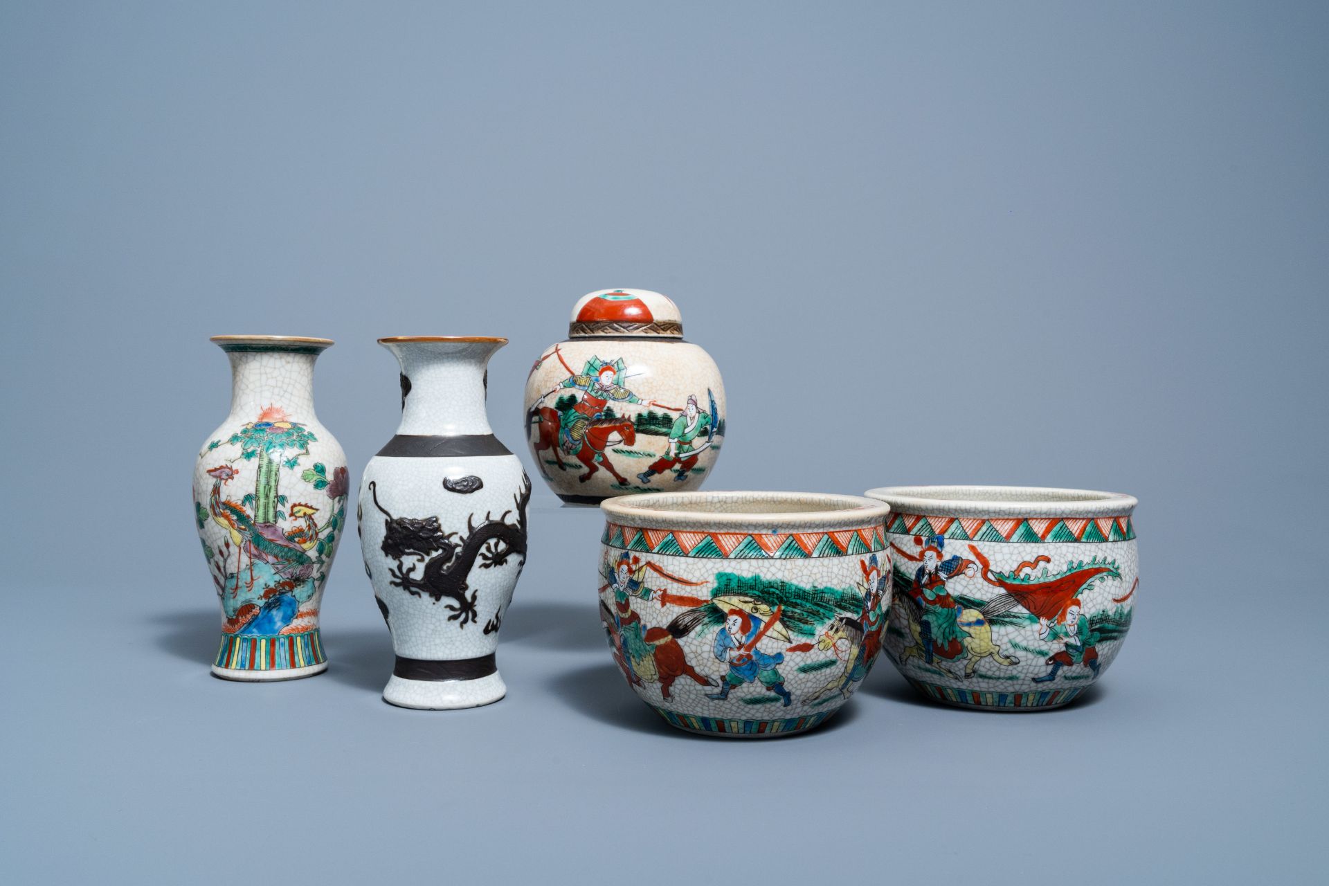 A varied collection of Chinese Nanking crackle glazed famille verte porcelain and a 'dragons' vase,