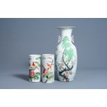 Two Chinese qianjiang cai hat stands and a vase with birds among blossoming branches, 19th/20th C.