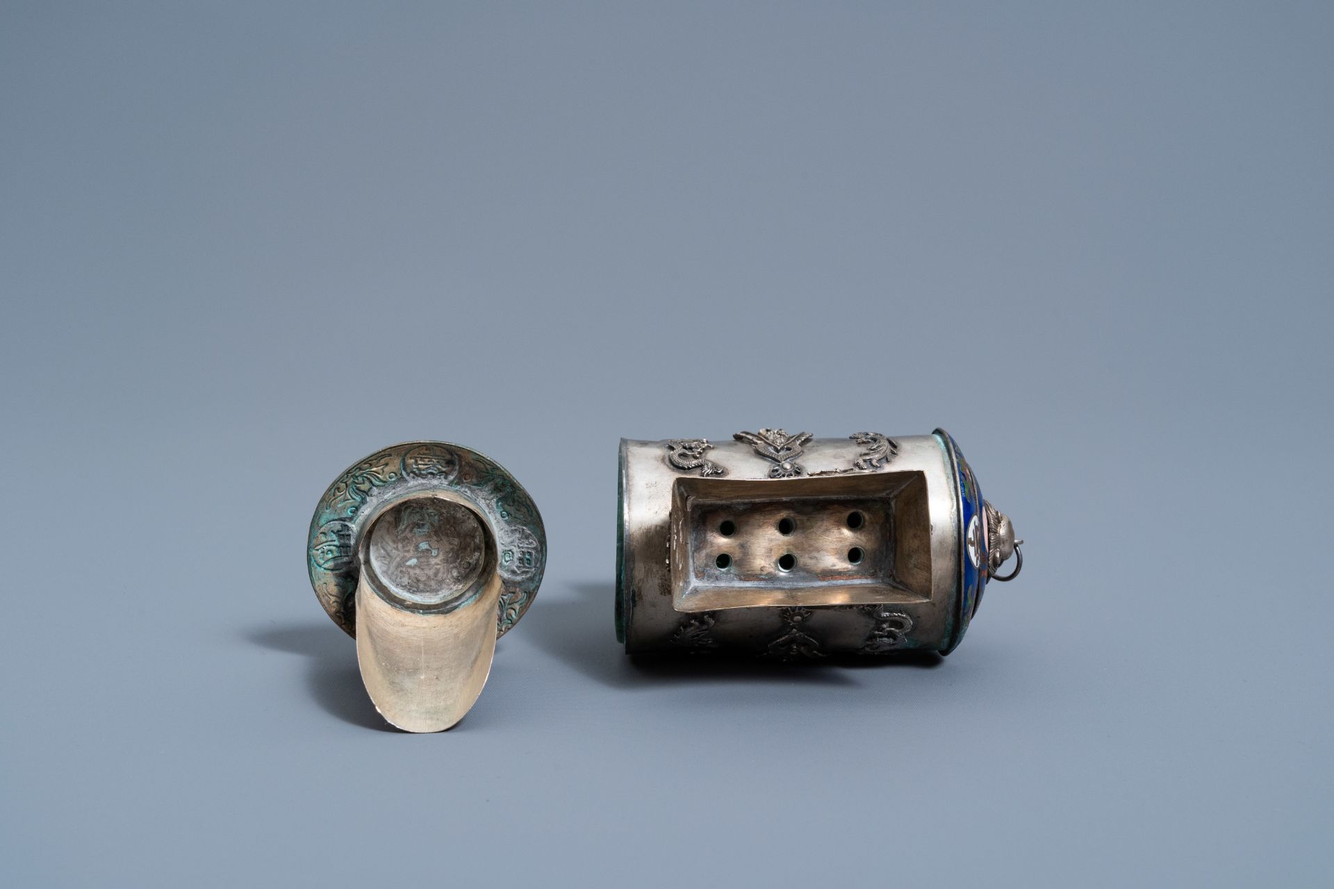 A Chinese partly enamelled silvered censer, 20th C. - Image 9 of 11