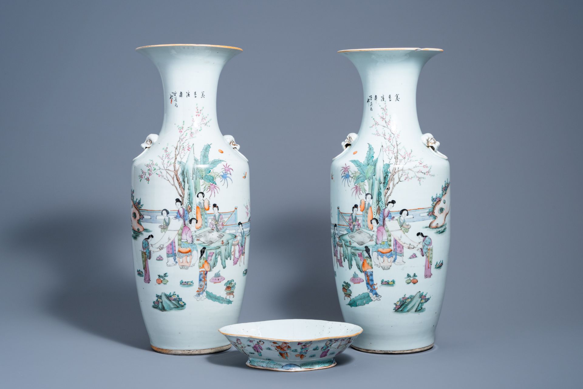 A pair of Chinese famille rose vases with ladies at leisure and an 'Immortals' bowl, 19th/20th C.