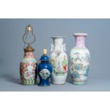 Three various Chinese famille rose and qianjiang cai vases and a powder blue famille verte vase and