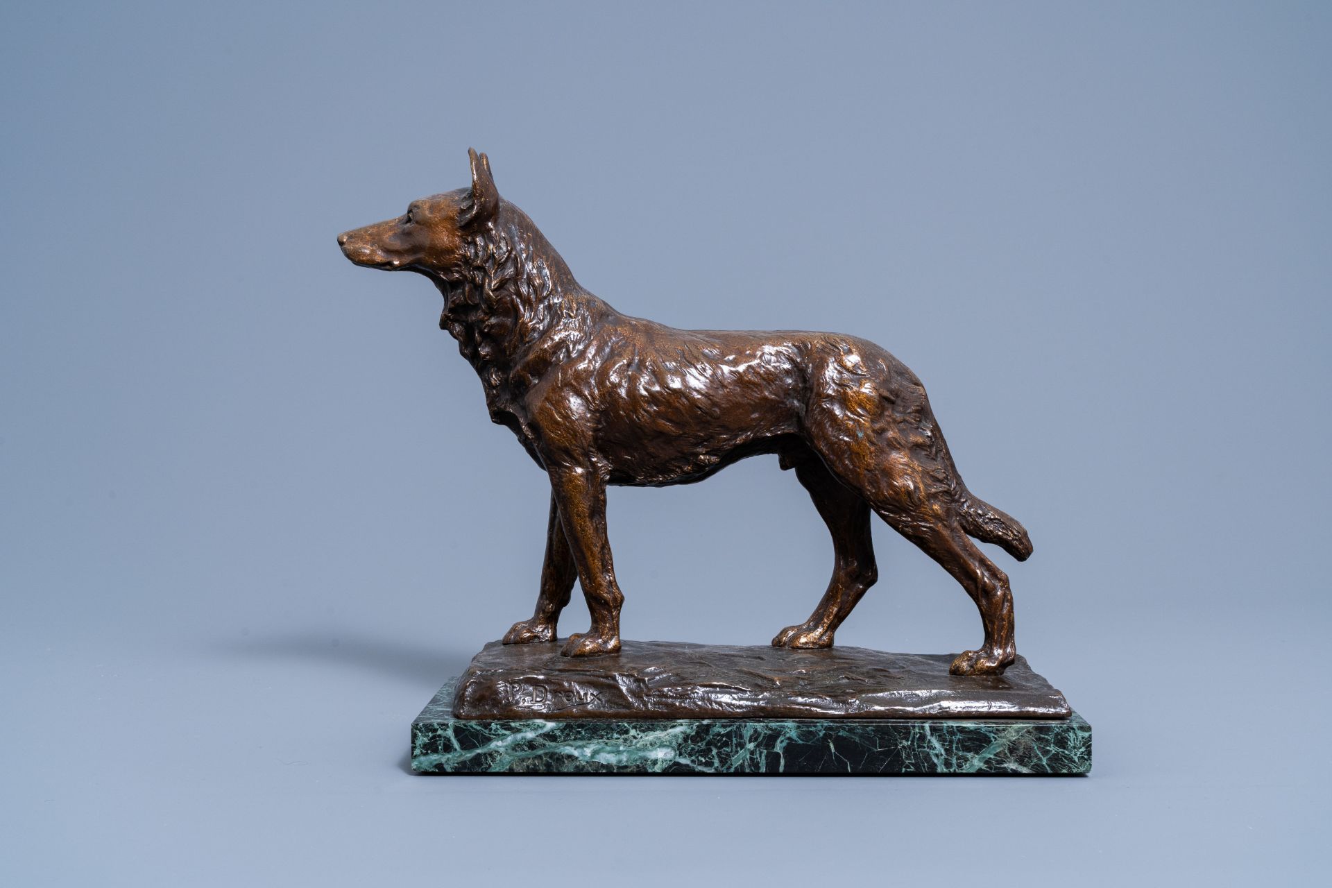 Paul ƒdouard Dreux (1855-1947): A sheepdog, brown patinated bronze on a vert de mer marble base - Image 3 of 9